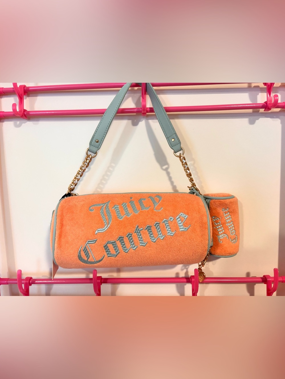 Juicy Couture Terrycloth Barrel Shoulder Bag NWT Y2K Peach Blue
